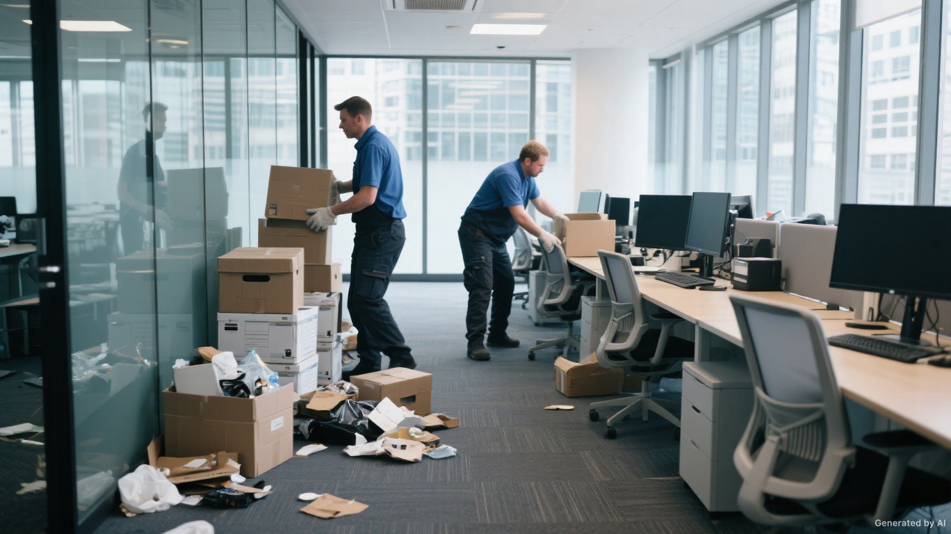 Office clearance team stripping a full Central London corporate office floor of desks, chairs, and general business waste