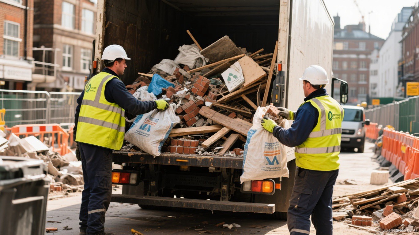 Construction waste clearance crew loading rubble, timber, and builders bags from an active London building site