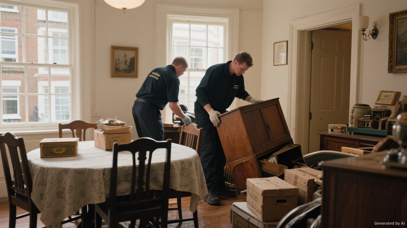 Respectful probate clearance team carefully clearing old furniture and household contents from a traditional London house