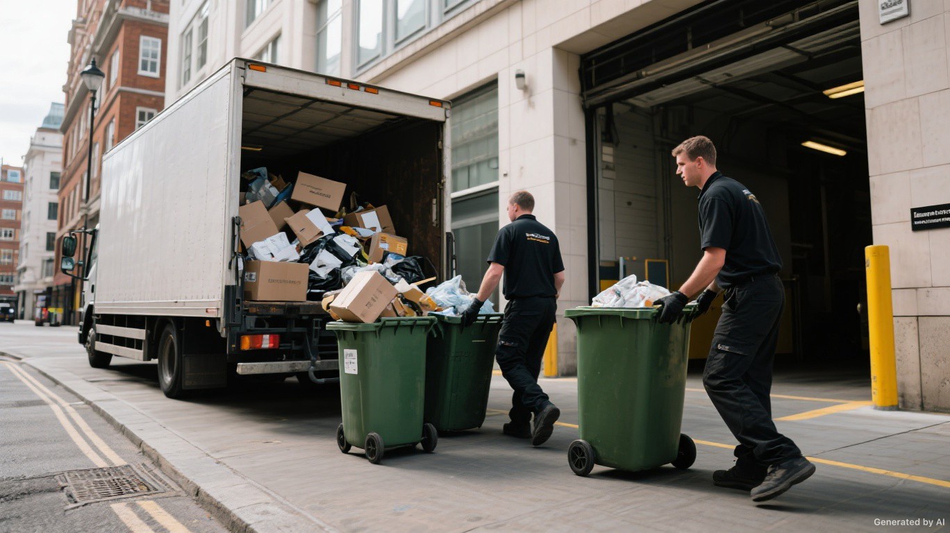 Commercial clearance crew collecting general business waste and wheelie bins from a Central London loading bay