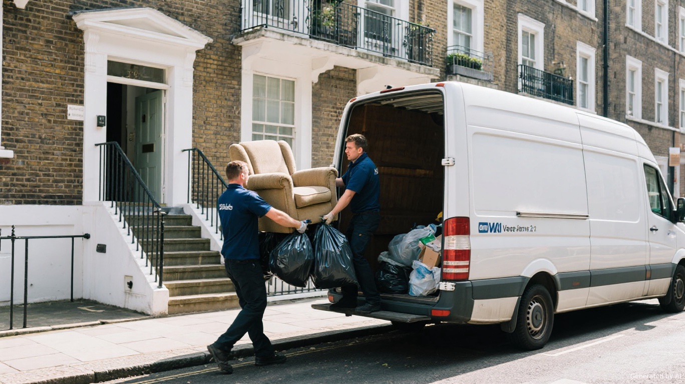 Two-person man and van rubbish removal crew carrying armchair and bin bags directly down stairs from inside a SW12 flat to the van with no skip needed