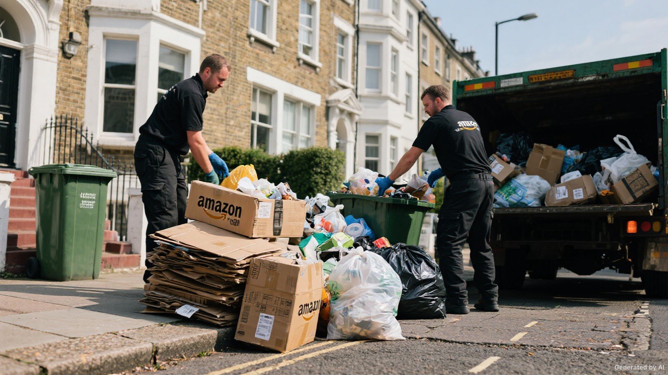 Waste removal team collecting general household and small-trade bagged waste and stacked cardboard from kerbside outside a SW12 Victorian property