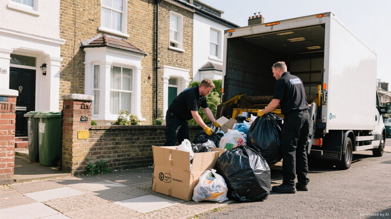 Rubbish removal crew loading mixed household bags, loose waste, and carrier bags from a SW12 residential driveway onto a modern tipper van